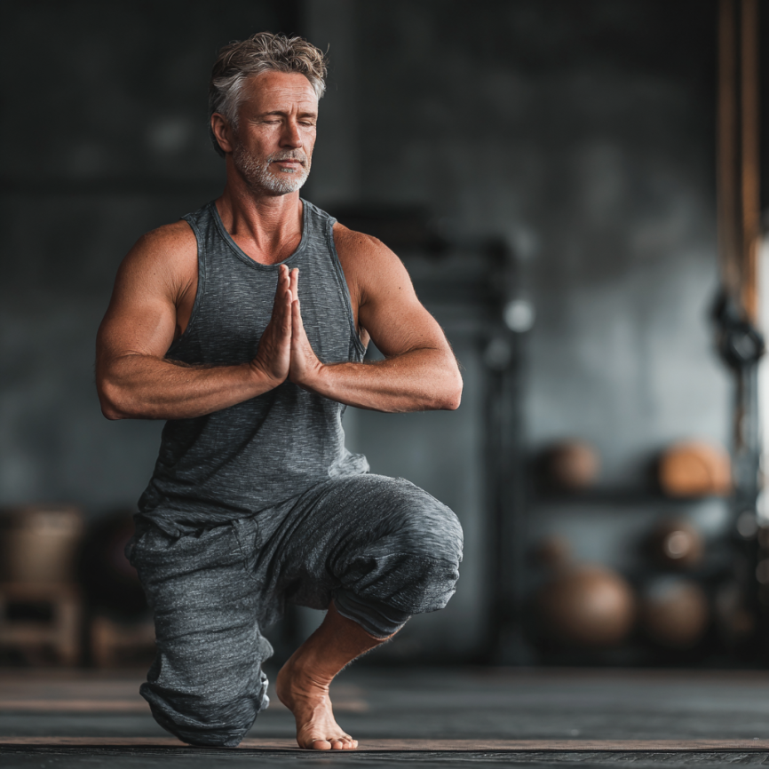 Група людей поважного віку займається йогою в залі